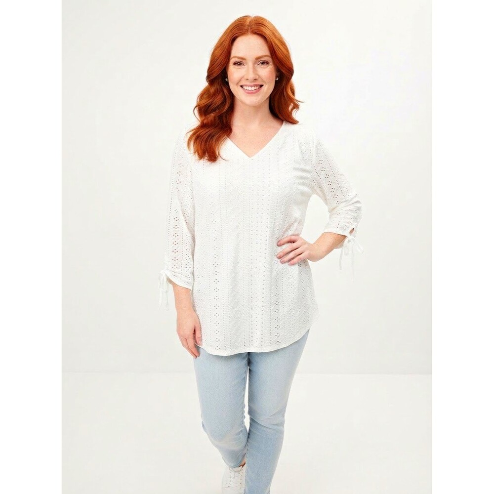 SHEIN Curve Womens White Eyelet Lace Peasant Top 1XL V-Neck 3/4 Slv Tie Cuff